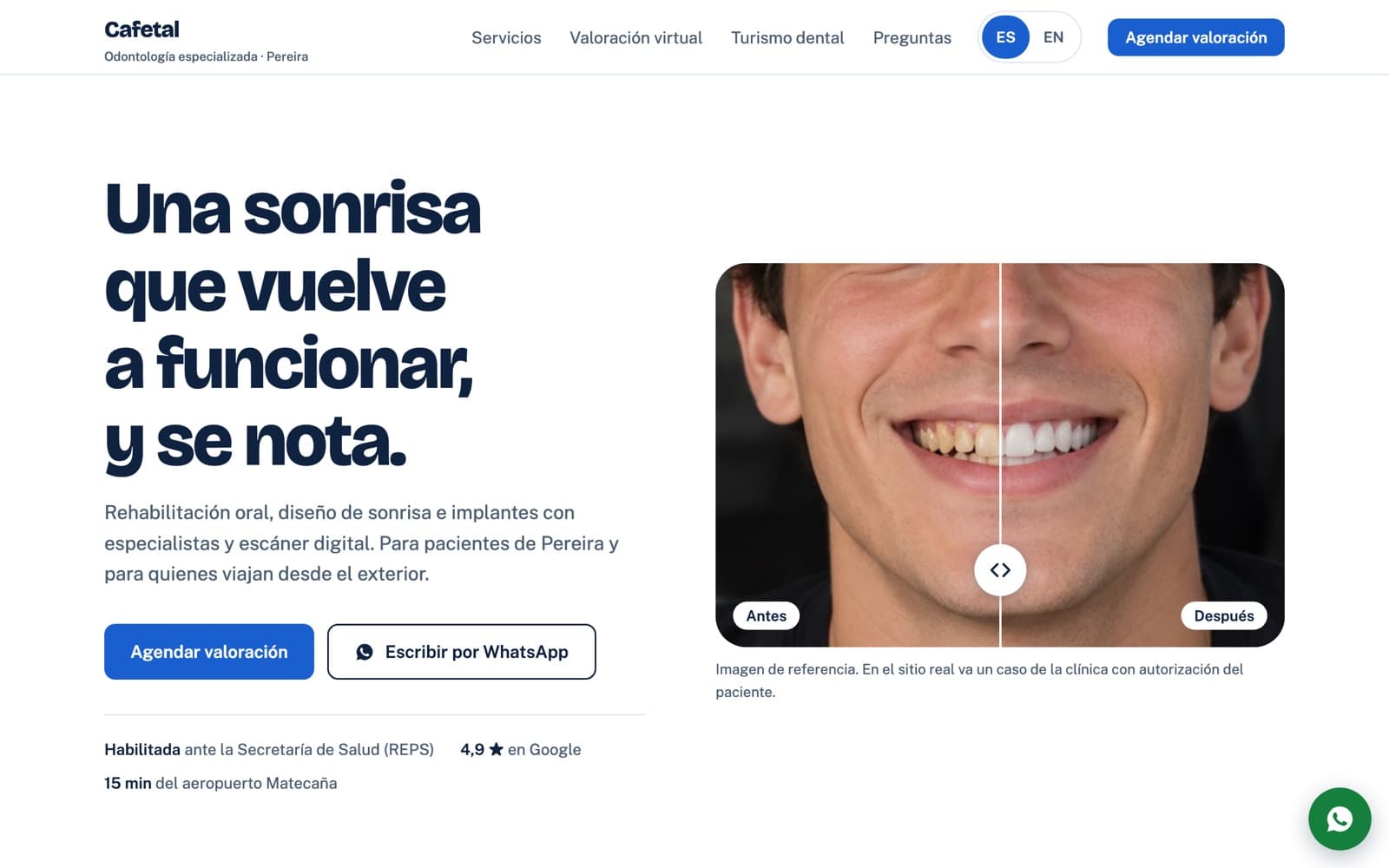 Captura del sitio de demostración de una clínica odontológica ficticia llamada Cafetal, con botones para agendar valoración y escribir por WhatsApp.
